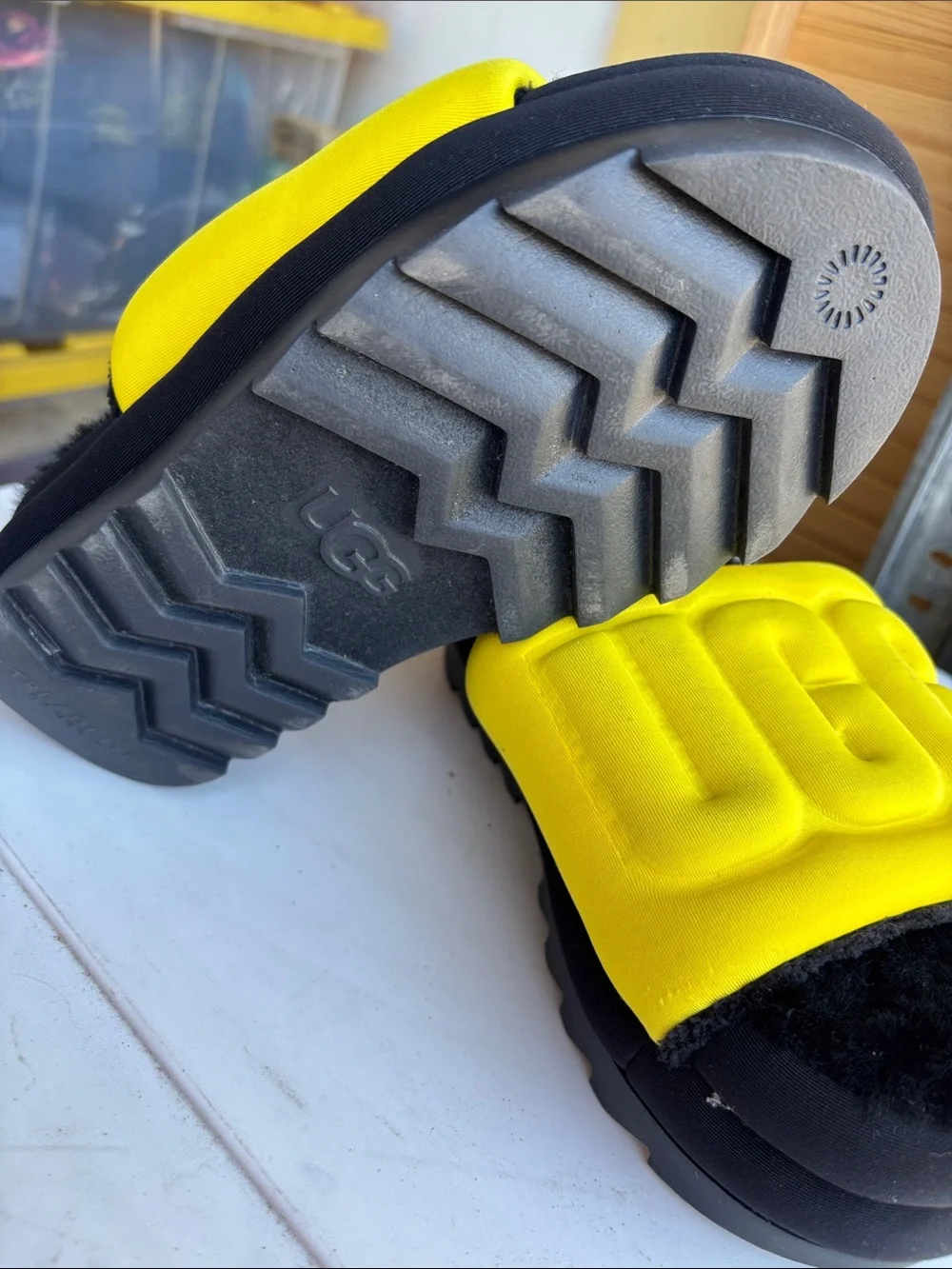 UGG Kids Black and Yellow Fluff Slide Sandals
